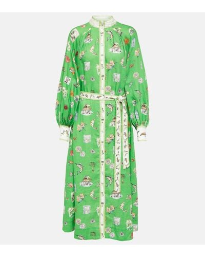 ALÉMAIS Printed Linen Midi Dress - Green