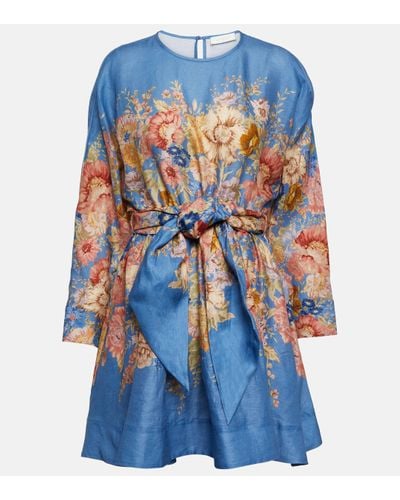 Zimmermann Mini-robe En Lin À Imprimé Fleuri Et À Ceinture August - Bleu