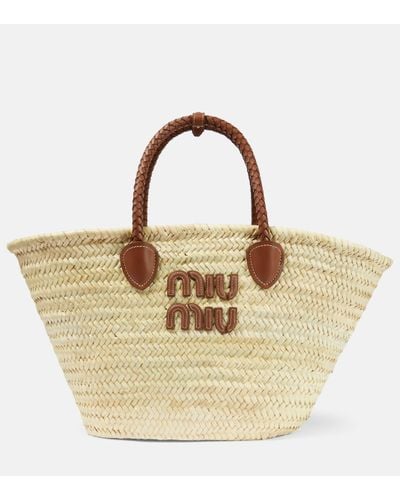 Miu Miu Logo Large Straw Tote Bag - Metallic
