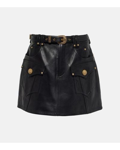 Balmain Minifalda de piel con cinturon - Negro