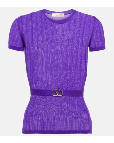 Valentino Belted Ribbed-knit Wool Top - Purple