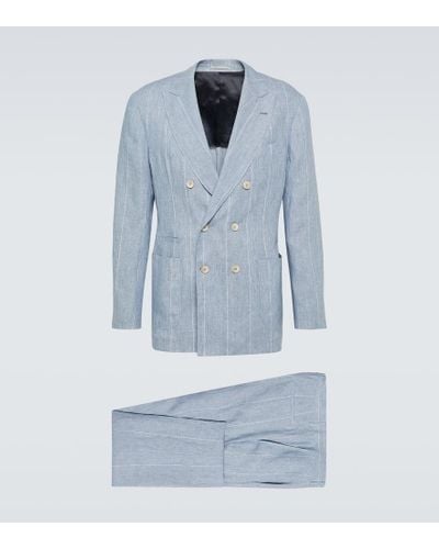 Brunello Cucinelli Striped Double-breasted Linen Suit - Blue