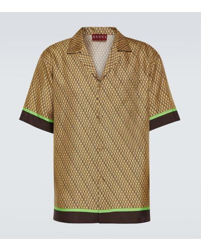 Gucci Camisa bowling de seda con logo - Marrón