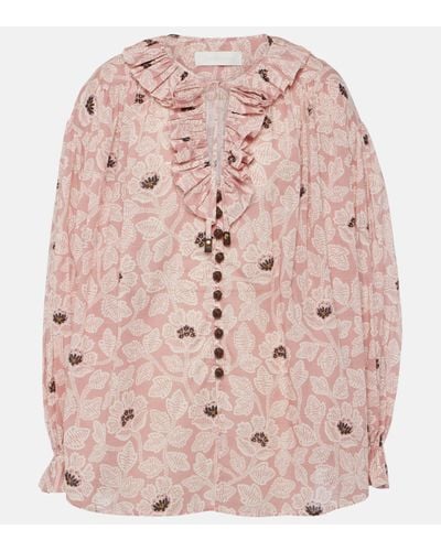 Zimmermann Ottie Ruffled Floral Cotton Top - Pink