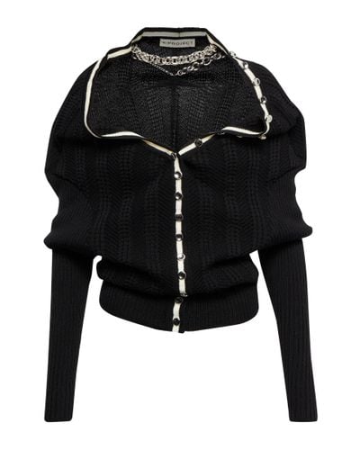 Y. Project Ruffled Wool Cardigan With Chain - Black
