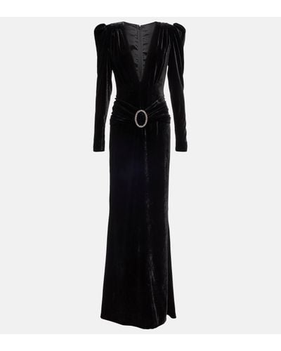 Alessandra Rich Deep Neckline Velvet Long Dress - Black