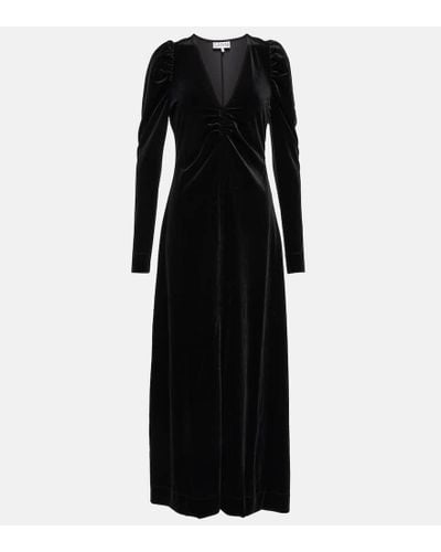 Ganni Puff-sleeve Velvet Maxi Dress - Black