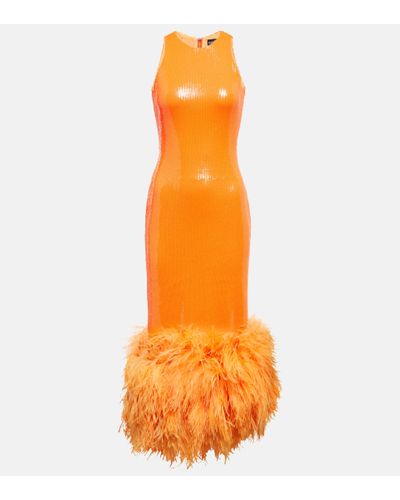 David Koma Feather-trimmed Sequined Midi Dress - Orange