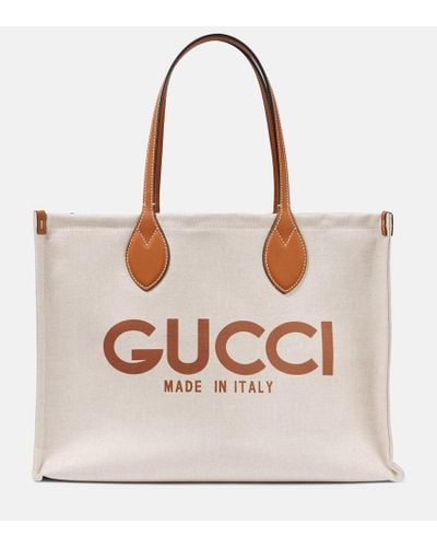 Gucci Logo-print Leather-trim Canvas Tote - Natural