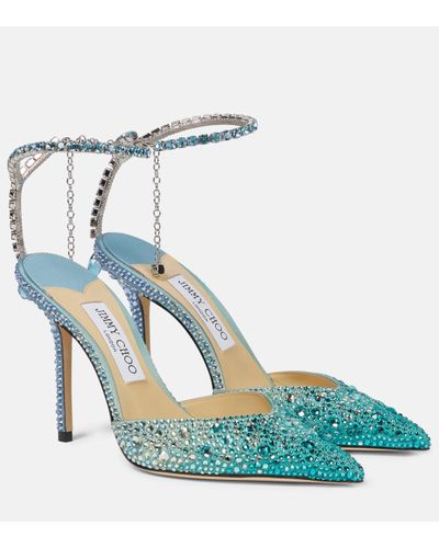 Jimmy Choo Escarpins En Satin À Cristaux Saeda 100 - Bleu