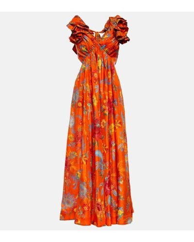 Zimmermann Robe longue en soie a fleurs - Orange