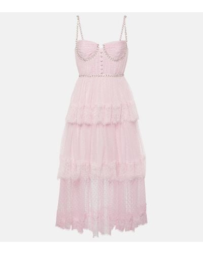 Self-Portrait Embellished Lace-trimmed Mesh Midi Dress - Pink