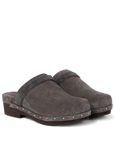 Brunello Cucinelli Embellished Suede Clogs - Gray