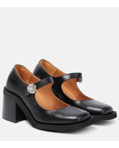 Ganni Embellished Leather Mary Jane Court Shoes - Black