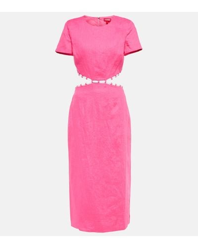 STAUD Matteo Cutout Linen Midi Dress - Pink
