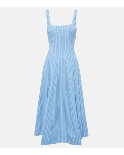STAUD Wells Pinstriped Cotton Poplin Midi Dress - Blue