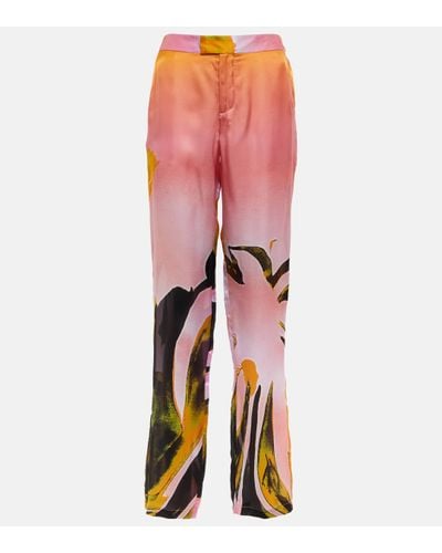 Louisa Ballou Cruise Printed Straight Silk Trousers - Pink
