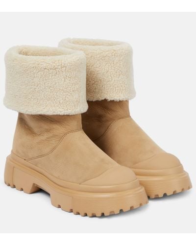 Hogan H619 Faux Shearling-trimmed Suede Ankle Boots - Natural