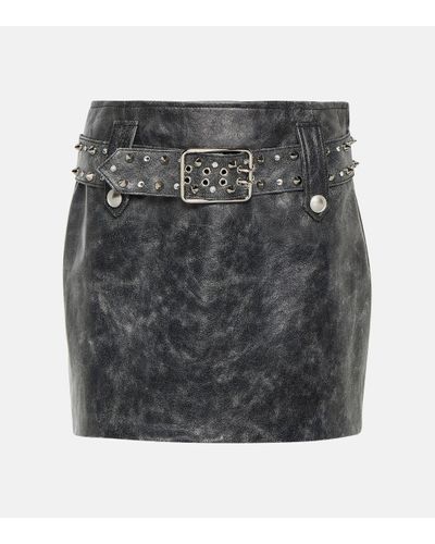 Alessandra Rich Belted Embellished Leather Miniskirt - Grey