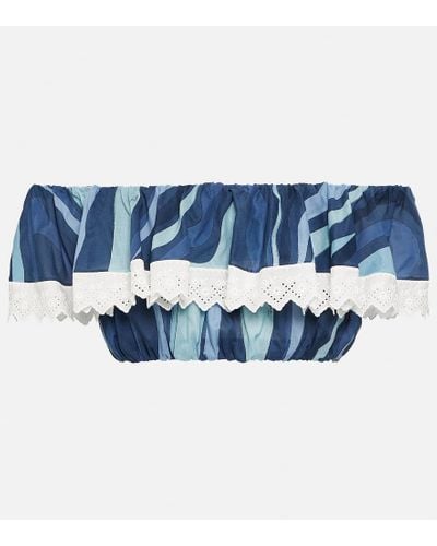 Emilio Pucci Marmo-print Cotton Crop Top - Blue