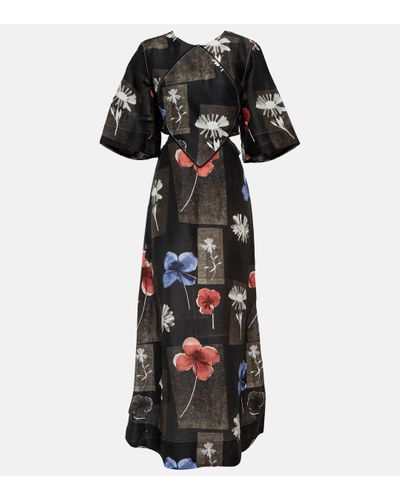 Ganni Robe longue en lin et soie a fleurs - Noir