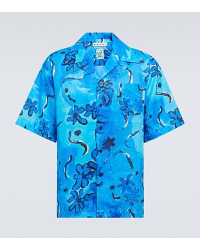 Marni Printed Ramie Bowling Shirt - Blue