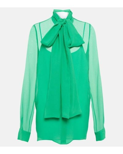 Costarellos Sloane Tie-neck Silk Blouse - Green