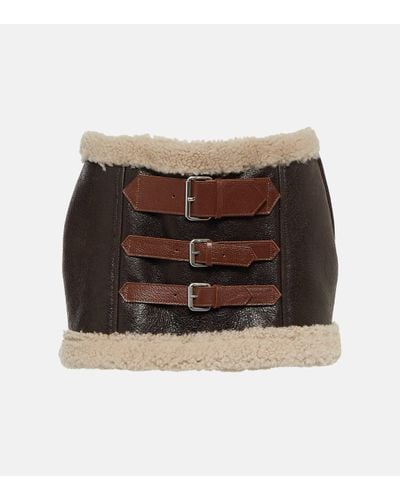 Blumarine Shearling-trimmed Leather Miniskirt - Brown
