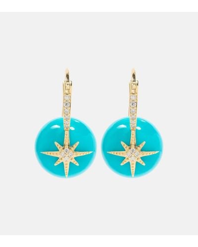 Sydney Evan Starburst 14kt Gold Earrings With Turquoise And Diamonds - Blue