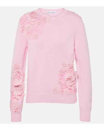 Oscar de la Renta Floral Lace-trimmed Cotton Sweater - Pink