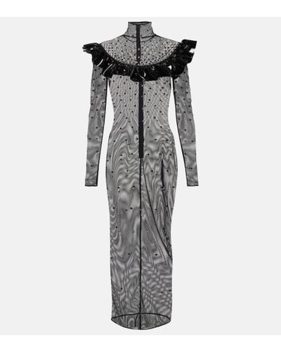 Alessandra Rich Embellished Mesh Midi Dress - Gray