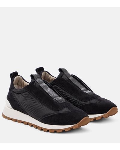 Brunello Cucinelli Embellished Suede-paneled Trainers - Black