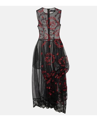 Simone Rocha Floral Embroidered Tulle Midi Dress - Black