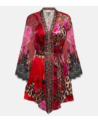 Camilla Printed Lace-trimmed Silk Cardigan - Red
