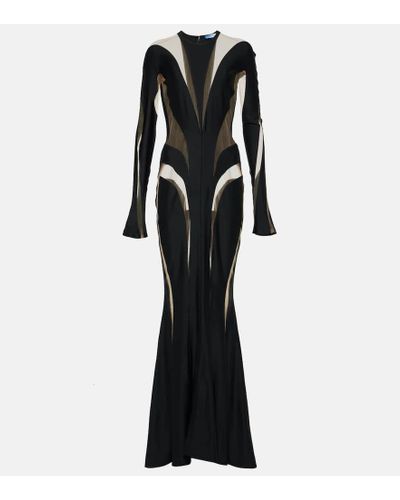 Mugler Abito lungo in tulle e jersey - Nero