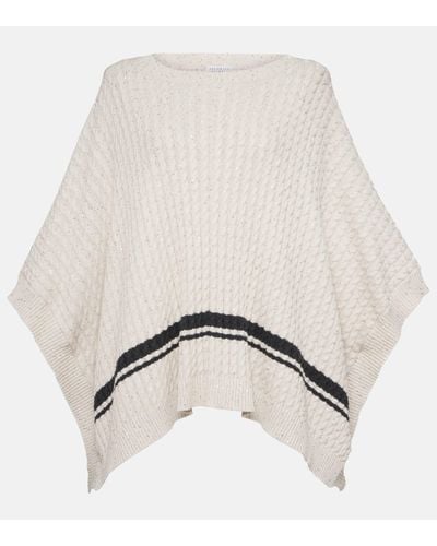 Brunello Cucinelli Sequined Cable-knit Cotton-blend Poncho - Natural