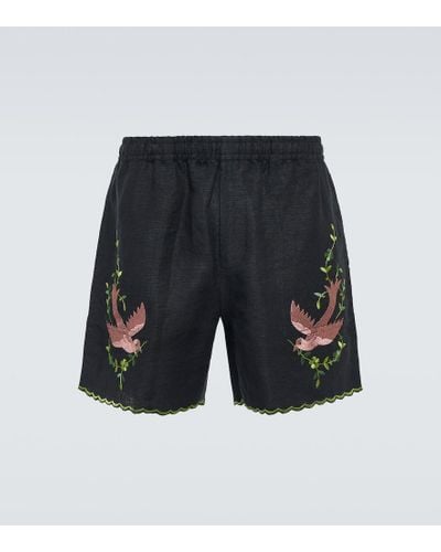 Bode Rosefinch Embroidered Linen Bermuda Shorts - Blue