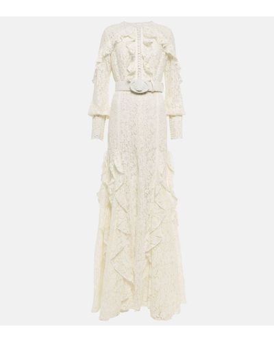 Costarellos Patrice Belted Ruffled Lace Gown - Natural