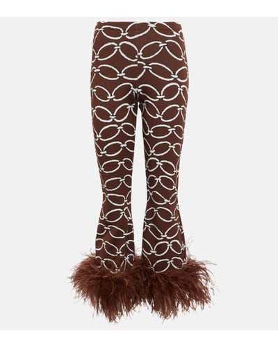 Valentino Feather-trimmed Printed Trousers - Brown