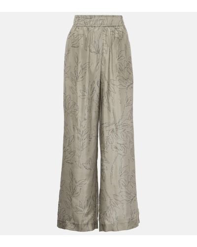 Brunello Cucinelli Floral Silk Wide-leg Trousers - Grey