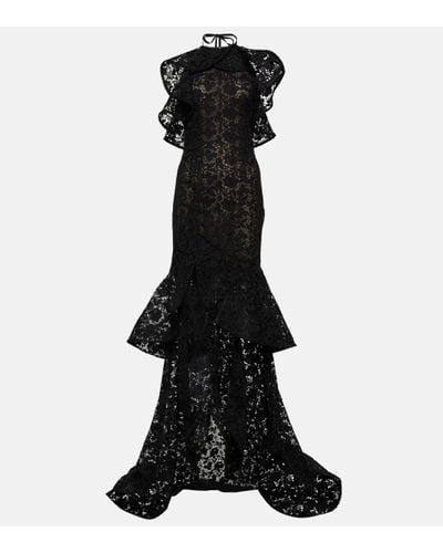 Oscar de la Renta Ruffled Guipure Lace Halterneck Gown - Black