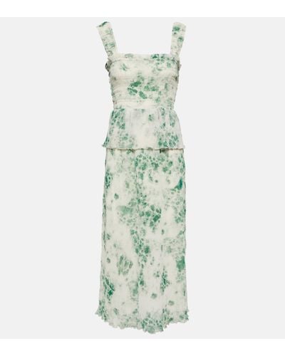 Ganni Pleated Floral-Print Smocked Crepon Midi Dress - Green