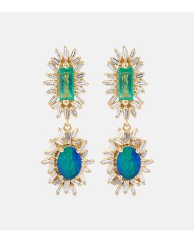 Suzanne Kalan One Of A Kind 18kt Gold Drop Earrings With Diamonds And Emeralds - Green