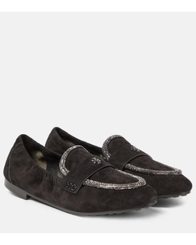 Tory Burch Crystal-embellished Suede Loafers - Black