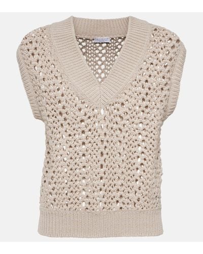 Brunello Cucinelli Open-knit Cotton-blend Jumper Vest - Natural