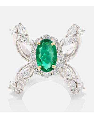 YEPREM Reign Supreme 18kt White Gold Ring With Diamonds And Emeralds - Multicolour
