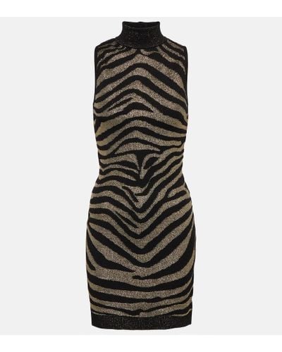 Balmain Sleeveless Zebra Print Knit Short Dress - Black