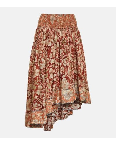 Zimmermann Chintz Floral Asymmetric Silk Midi Skirt - Brown