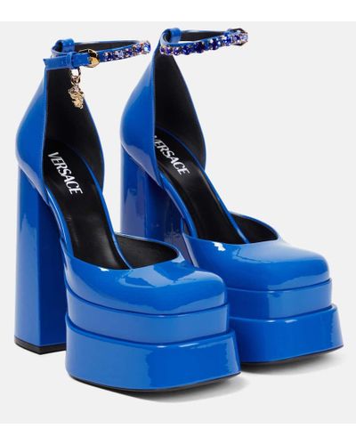 Versace Medusa Aevitas Patent Leather Platform Pumps - Blue