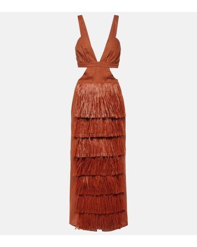 Johanna Ortiz Fringed Cutout Linen Midi Dress - Red